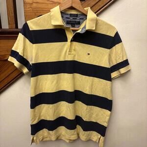 Tommy Hilfiger Navy Blue And Yellow Stripped Polo Shirt Men’s Size Medium EUC